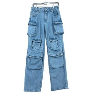 WFFS Multi-Pocket Cargo Jeans Womens L Denim Blue Wide Leg High Waisted